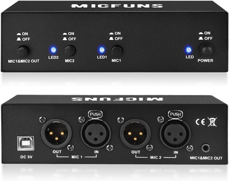 micfuns MC2 2 Channel 48V Phantom Power Supply with 3.5mm Audio Cable to Connect Audio Interface for Condenser Microphone Music Recording Equipment (2 Channel) - Image 1